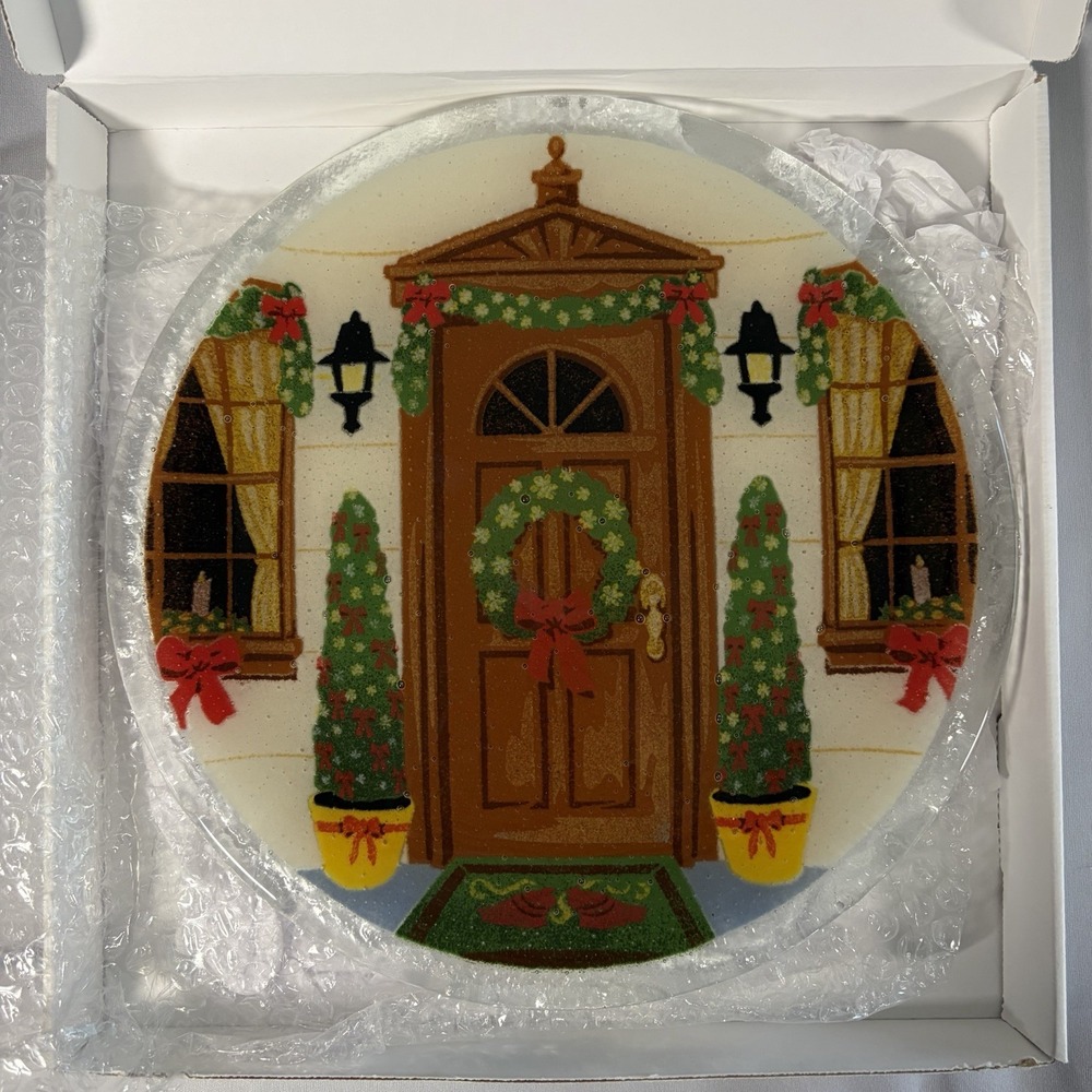 Peggy Karr Christmas Welcome Door Wreath Fused Glass Plate Art 11" Box Platter